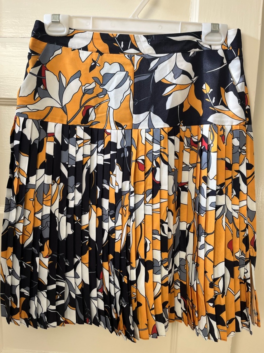 French Connection Pleated Floral Skirt in Mustard, Black & White